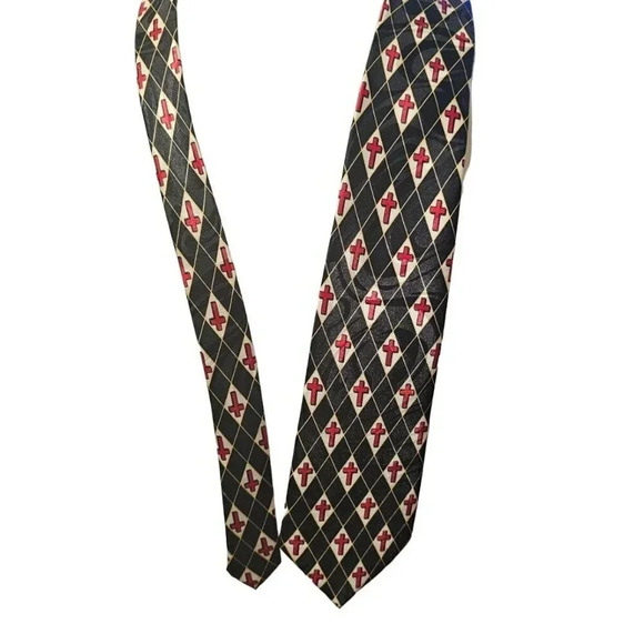 Steven Harris Black Tie - Red Christian Cross Gold Diamond Stripes Korea - Picture 6 of 7